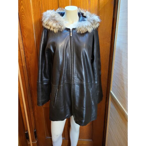 Marvin Richards Black Genuine Leather Coat L Faux Fur Trim Hood - Picture 1 of 16